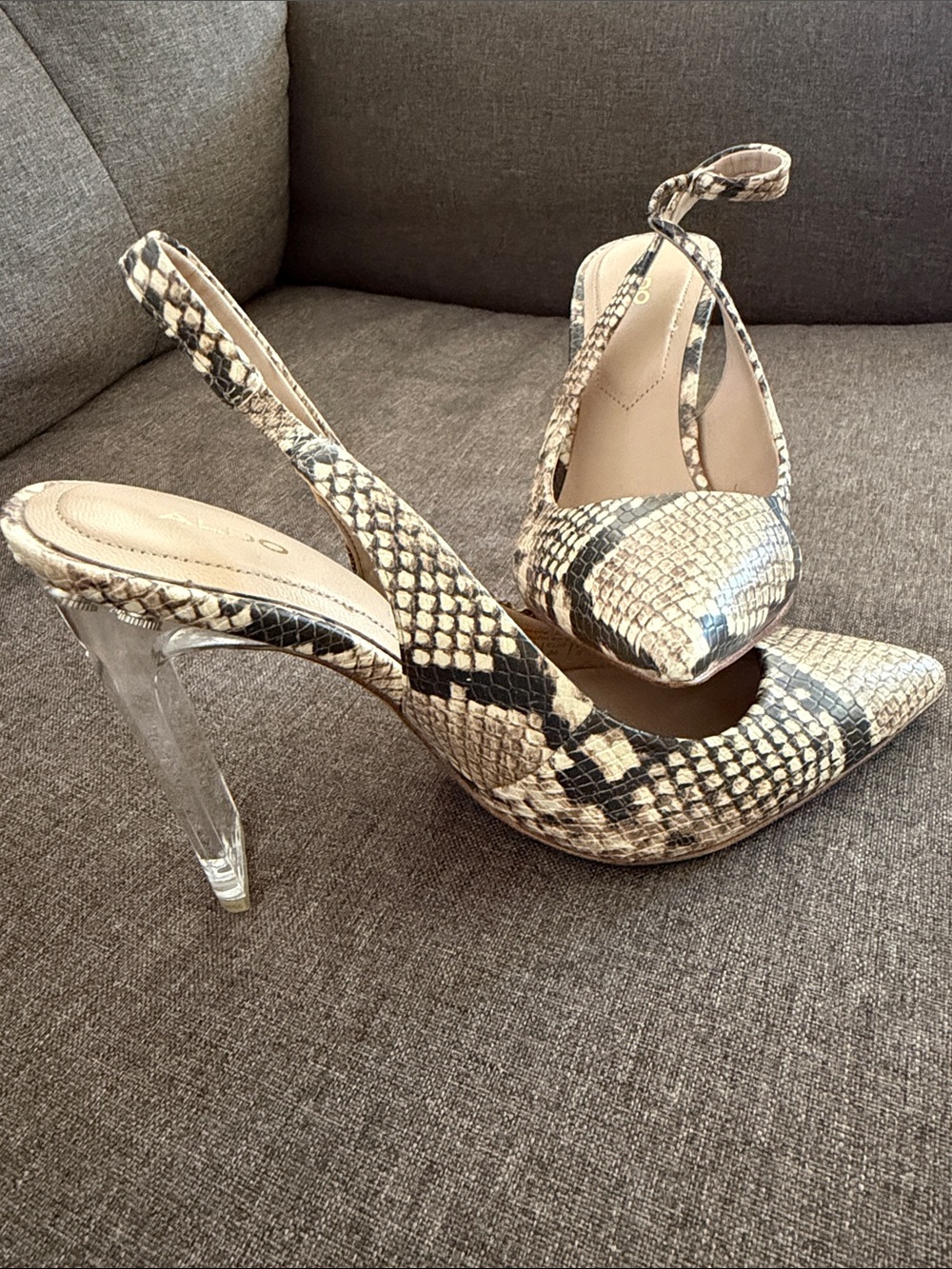 Aldo Neutral Snake-Print Slingback Pumps with Clear Heel - Picture 5 of 5